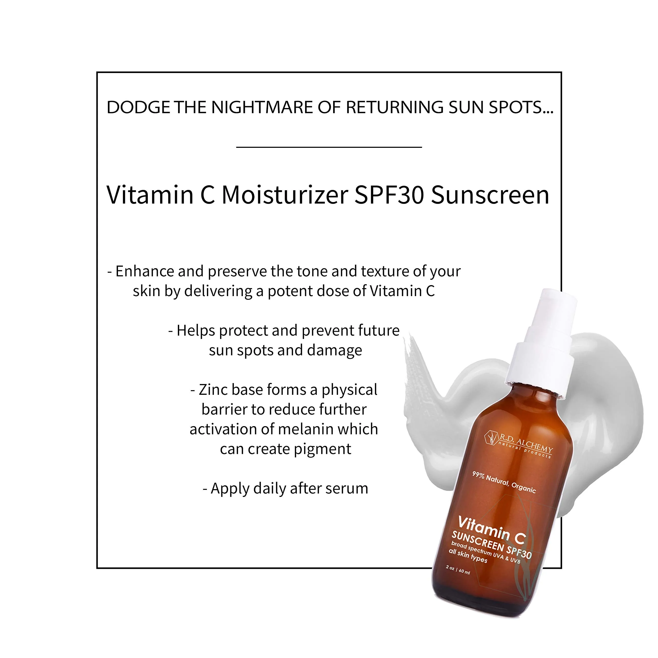 99% Natural & Organic Vitamin C SPF 30 Moisturizing Chemical Free Sunscreen. Non-Nano Zinc & Titanium - Lightweight Non Greasy SPF for Face - Skincare for Professionals & Estheticians.
