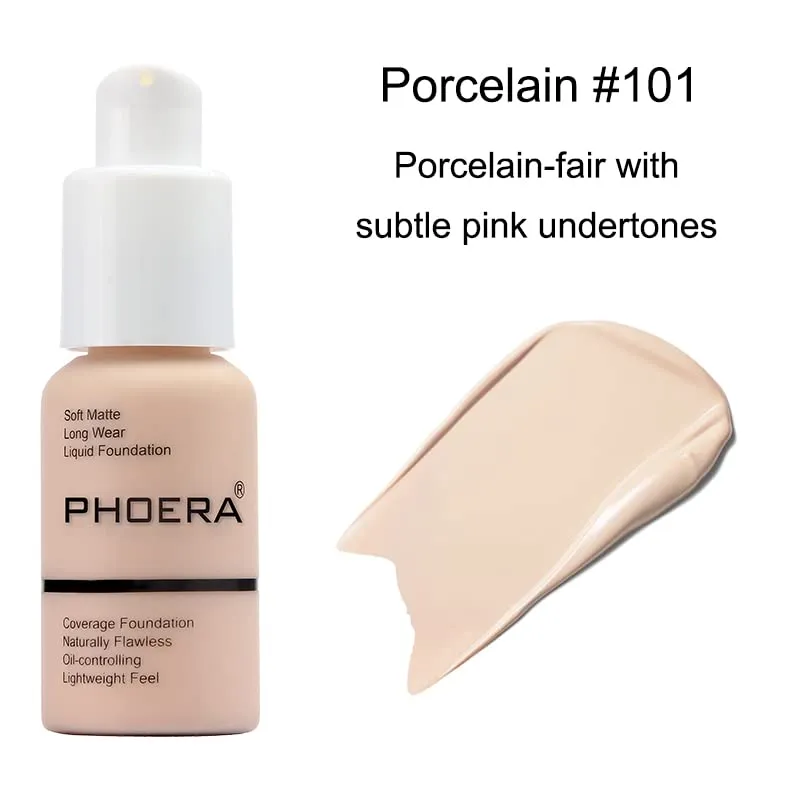 ABRUS® - Phoera Full Coverage Foundation Soft Matte Oil Control Concealer 30ml Flawless Cream Smooth Long Lasting 24HR (101 Porcelain) 101 Porcelain