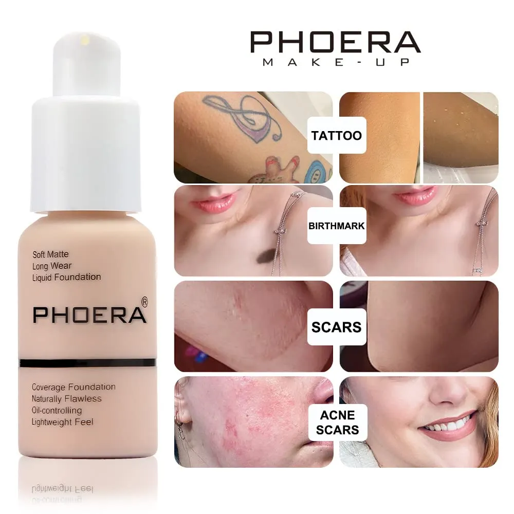 ABRUS® - Phoera Full Coverage Foundation Soft Matte Oil Control Concealer 30ml Flawless Cream Smooth Long Lasting 24HR (101 Porcelain) 101 Porcelain