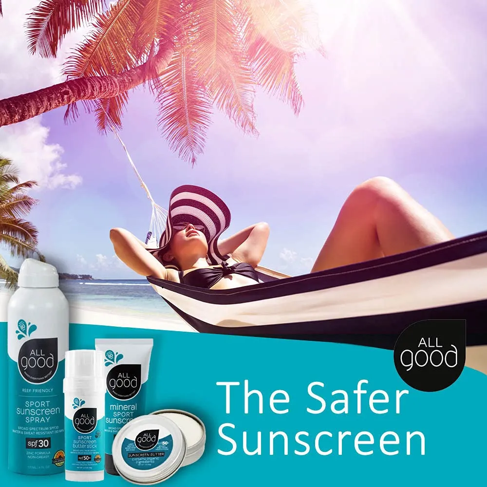 All Good Sport Face & Body Sunscreen Lotion - UVA/UVB Broad Spectrum SPF 50 , Water Resistant, Coral Reef Friendly - Zinc, Shea Butter, Coconut Oil, Aloe (3 oz)(2-Pack) 3 Fl Oz (Pack of 2)