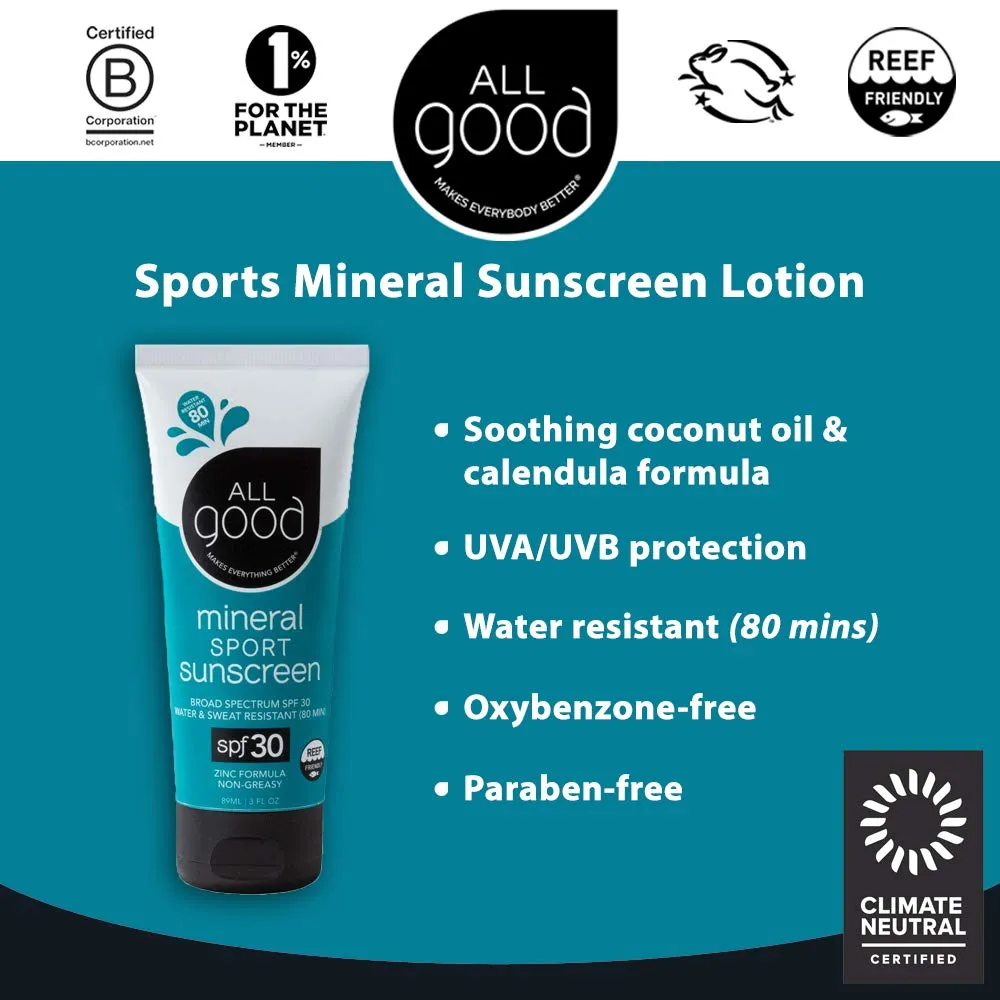 All Good Sport Face & Body Sunscreen Lotion - UVA/UVB Broad Spectrum SPF 50 , Water Resistant, Coral Reef Friendly - Zinc, Shea Butter, Coconut Oil, Aloe (3 oz)(2-Pack) 3 Fl Oz (Pack of 2)