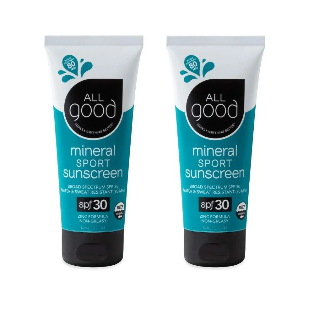All Good Sport Face & Body Sunscreen Lotion - UVA/UVB Broad Spectrum SPF 50 , Water Resistant, Coral Reef Friendly - Zinc, Shea Butter, Coconut Oil, Aloe (3 oz)(2-Pack) 3 Fl Oz (Pack of 2)