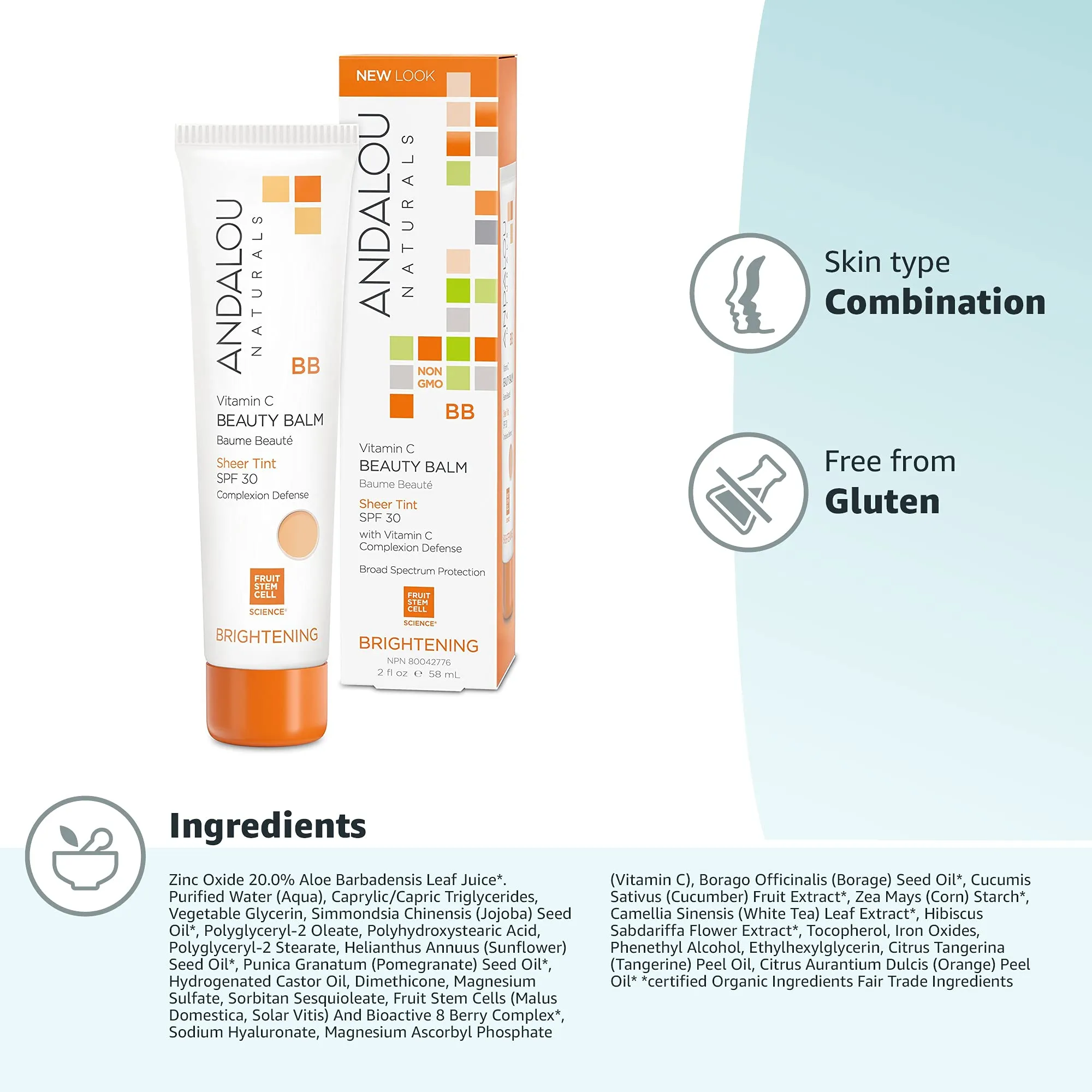 Andalou Naturals Vitamin C BB Beauty Balm Sheer Tint SPF 30 Ounce, 2 Fl Oz Vitamin C - Brightening