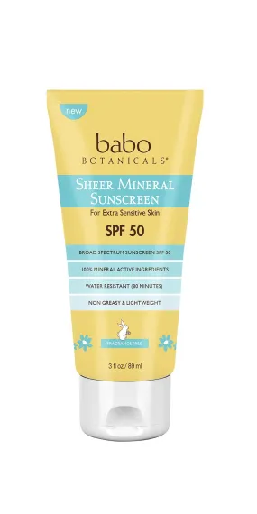 Babo Botanicals Sheer Mineral Sunscreen Lotion SPF 50 with 100% Mineral Active Ingredients - for Babies, Kids or Extra Sensitive Skin - Lightweight, Water Resistant & Fragrance Free - 3 fl. oz.